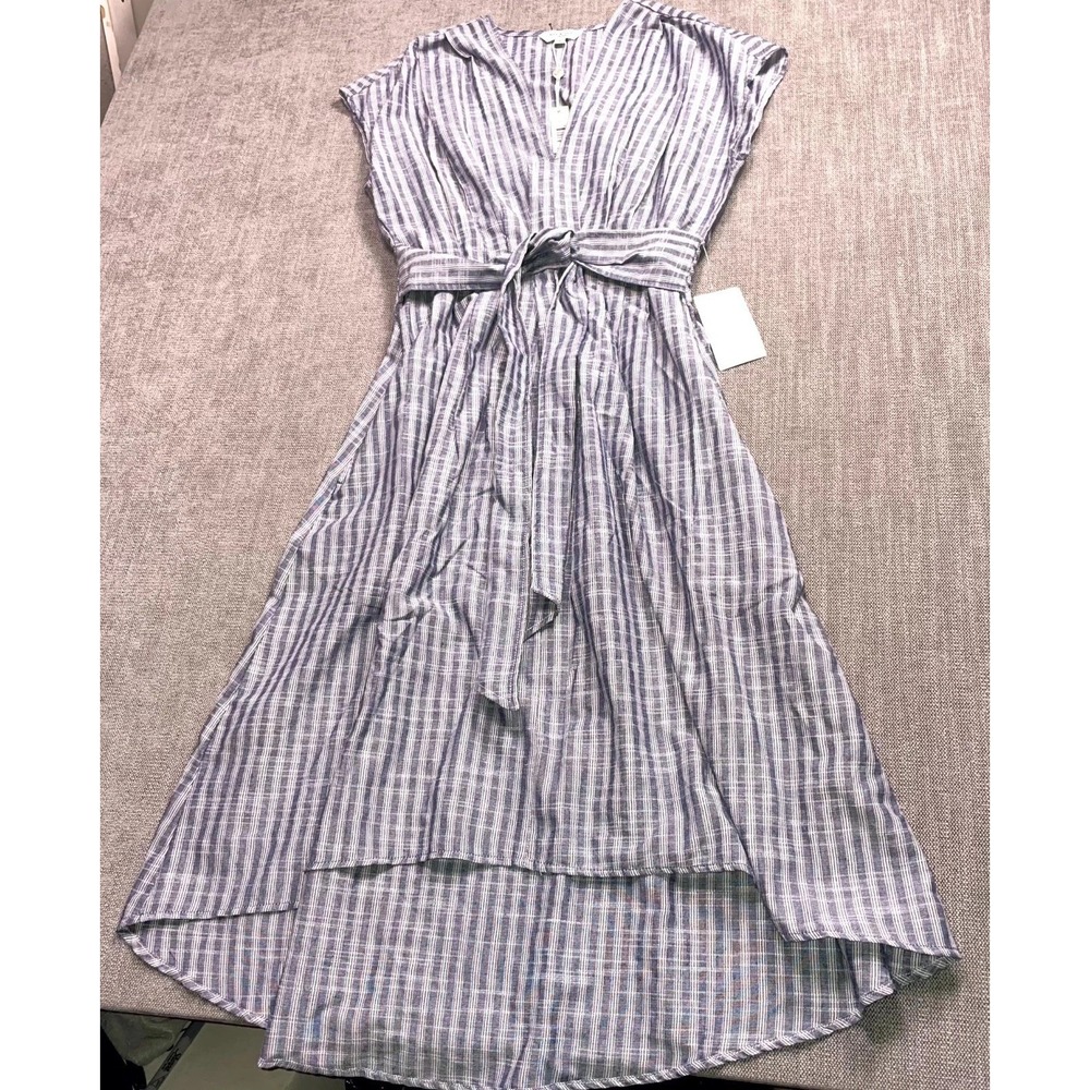 Max Studio Midi A Line Dress Womens Medium Blue Cotton Striped Tie Front V Neck
